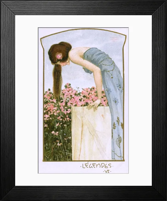 Framed Print : Raphael Kirchner - Pretty lady looking down on pink flowers Framed Print : Raphael Kirchner - Pretty lady looking down on pink flowers