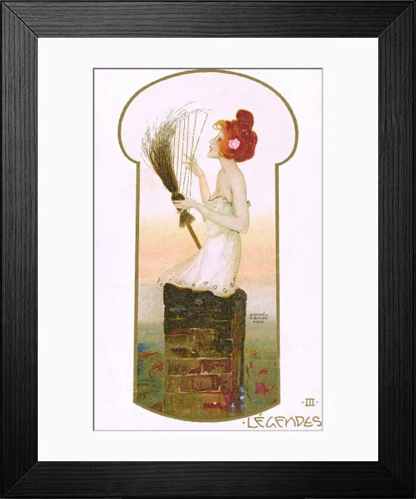 Framed Print : Raphael Kirchner - Pretty lady on a Chimney with broom harp