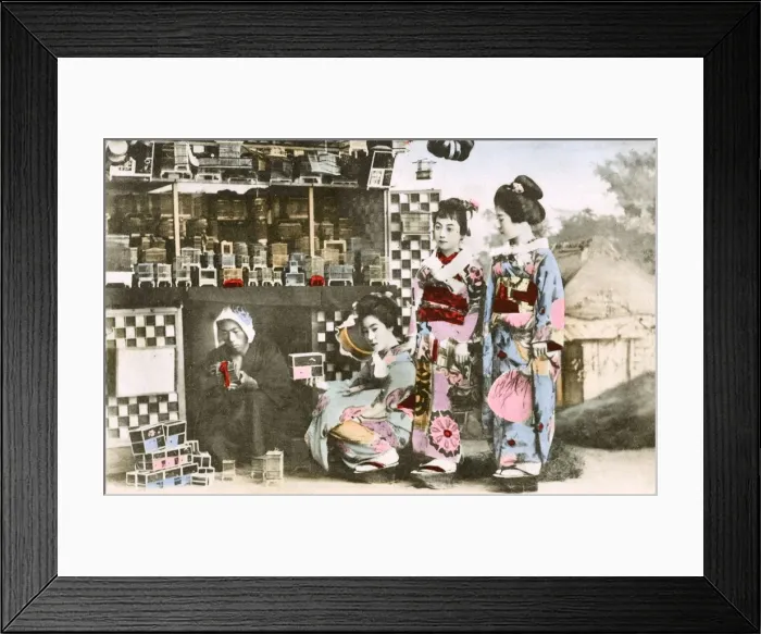 Framed Print : A decorative box seller and three geisha customers - Japan Framed Print : A decorative box seller and three geisha customers - Japan