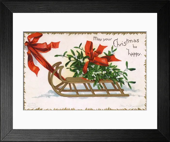 Framed Print : Christmas Mistletoe being pulled along atop a wooden frame Framed Print : Christmas Mistletoe being pulled along atop a wooden frame