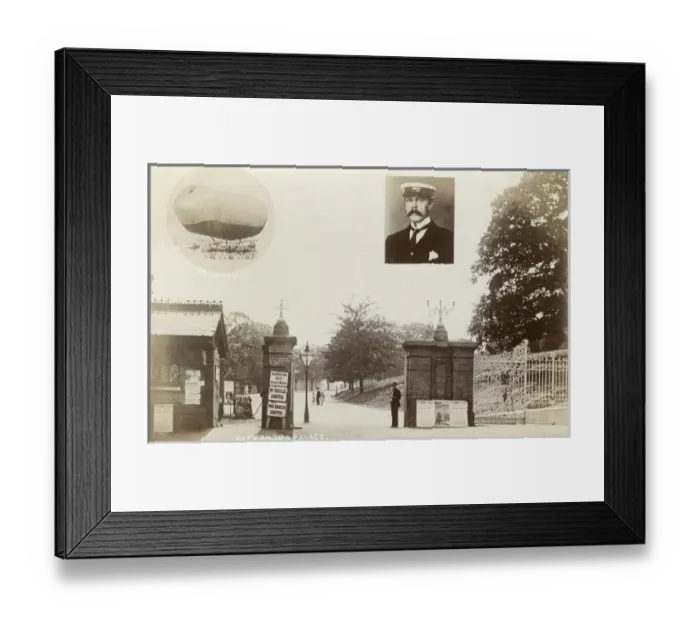 Framed Print : Gates to Alexandra Palace Park and Airship pilot Dr Barton Framed Print : Gates to Alexandra Palace Park and Airship pilot Dr Barton
