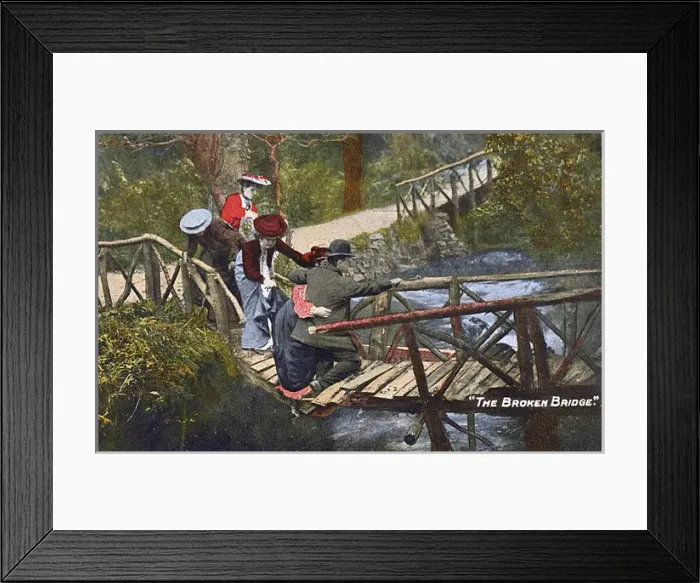 Framed Print : Comic Postcard - unfolding drama on the broken bridge Framed Print : Comic Postcard - unfolding drama on the broken bridge