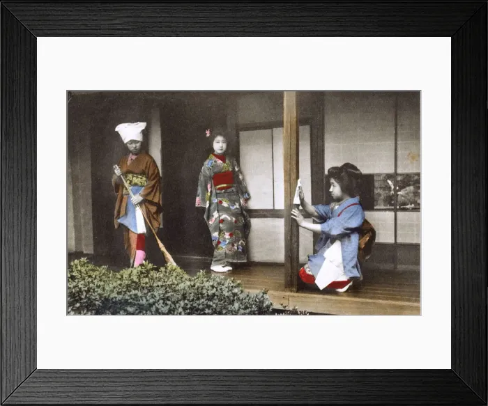 Framed Print : Japan - Geisha Girl - posing at home with two house staff Framed Print : Japan - Geisha Girl - posing at home with two house staff