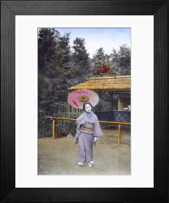 Framed Print : Japan - Geisha Girl walking in garden - bizarre expression Framed Print : Japan - Geisha Girl walking in garden - bizarre expression