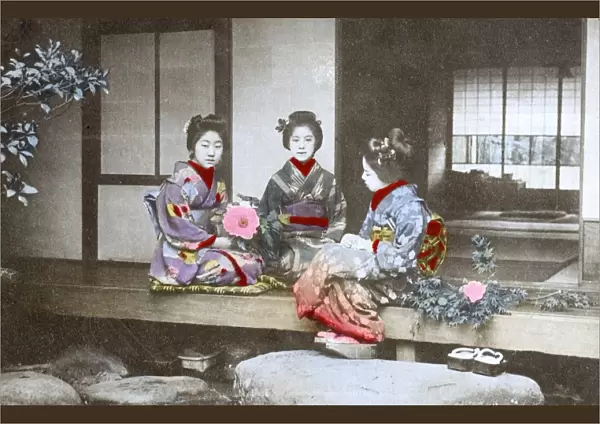 Japan - Three Geisha Girls outside traditional Japanese home