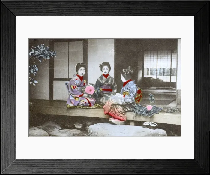 Framed Print : Japan - Three Geisha Girls outside traditional Japanese home Framed Print : Japan - Three Geisha Girls outside traditional Japanese home