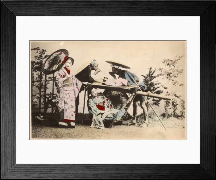Framed Print : Japan - Geisha in travelling chair taking a rest Framed Print : Japan - Geisha in travelling chair taking a rest