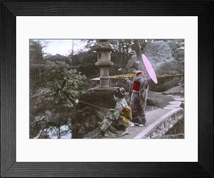 Framed Print : Garden Scene, Japan - Geisha - Fishing on small stone bridge Framed Print : Garden Scene, Japan - Geisha - Fishing on small stone bridge