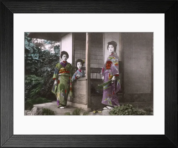 Framed Print : Japan - Three Geisha pose for the photographer by a house Framed Print : Japan - Three Geisha pose for the photographer by a house