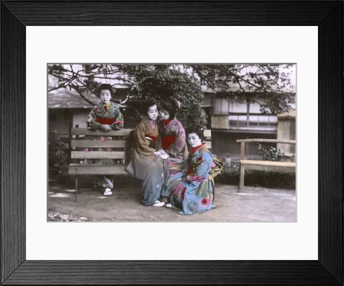 Framed Print : Japan - Four Geisha pose for the photographer around a bench Framed Print : Japan - Four Geisha pose for the photographer around a bench
