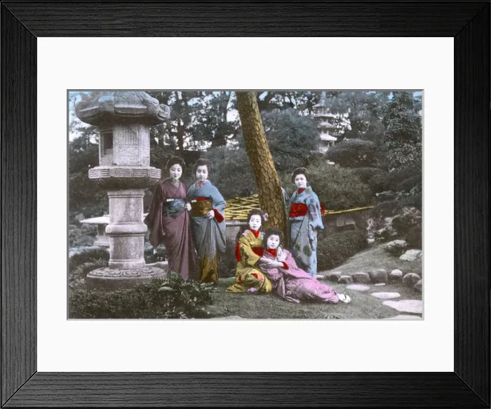 Framed Print : Japan - Five Geisha pose for the photographer in a garden Framed Print : Japan - Five Geisha pose for the photographer in a garden