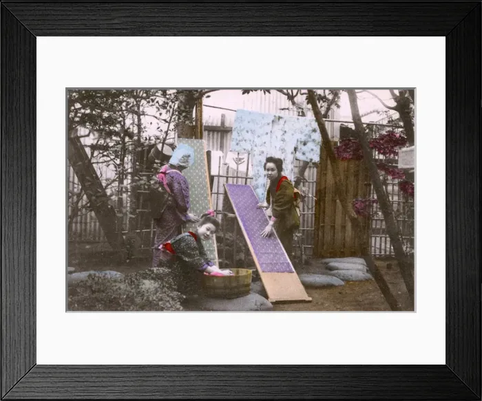 Framed Print : Japan - Three Japanese women washing patterned fabric strips Framed Print : Japan - Three Japanese women washing patterned fabric strips