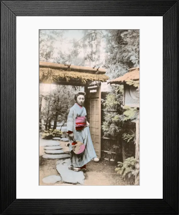 Framed Print : Japanese woman at the entrance to her garden Framed Print : Japanese woman at the entrance to her garden