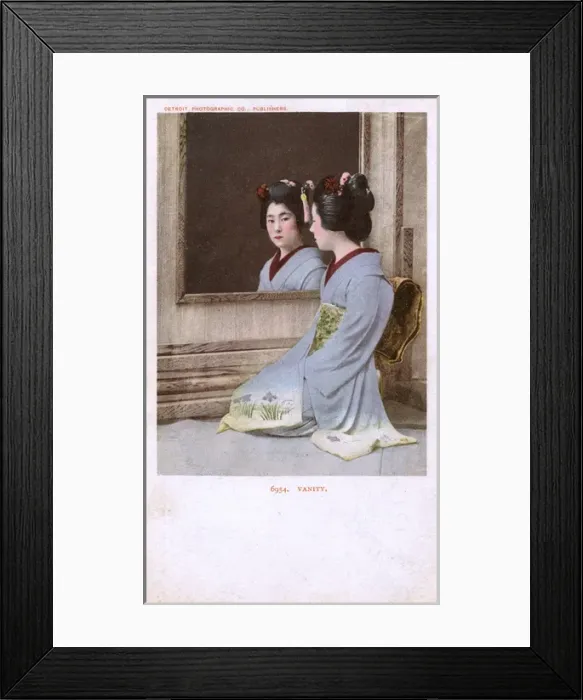 Framed Print : Japanese Geisha admiring her reflection - entitled Vanity Framed Print : Japanese Geisha admiring her reflection - entitled Vanity