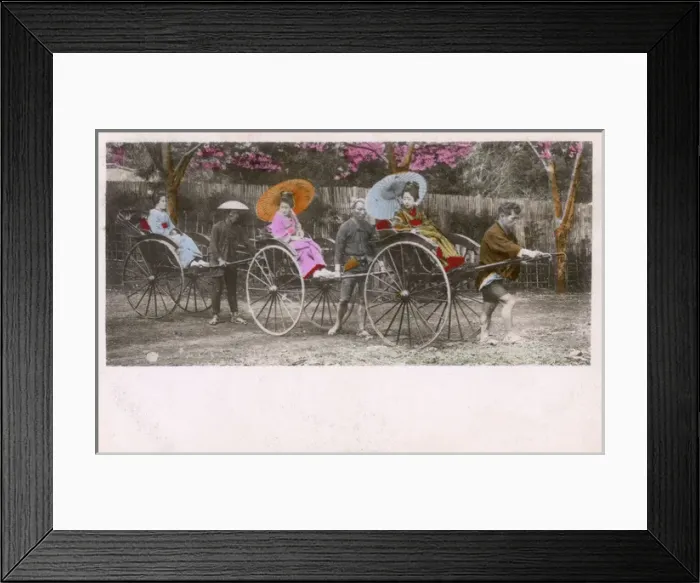 Framed Print : Three Japanese Geisha in Rickshaws Framed Print : Three Japanese Geisha in Rickshaws