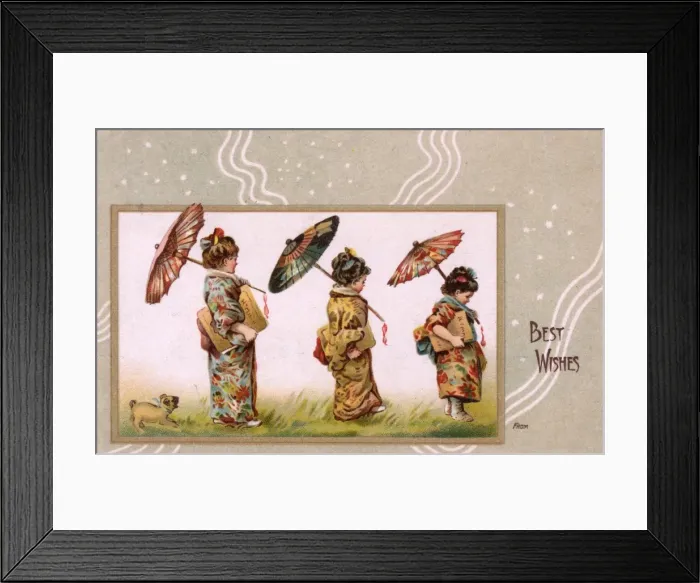 Framed Print : Three European Children dressed as Japanese (and a pug dog) Framed Print : Three European Children dressed as Japanese (and a pug dog)
