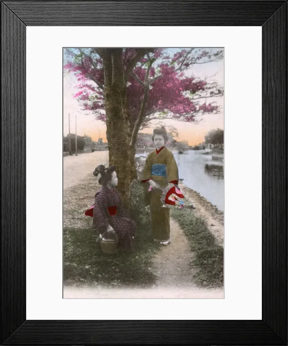 Framed Print : Two Japanese women by the side of a canal / river - Japan Framed Print : Two Japanese women by the side of a canal / river - Japan