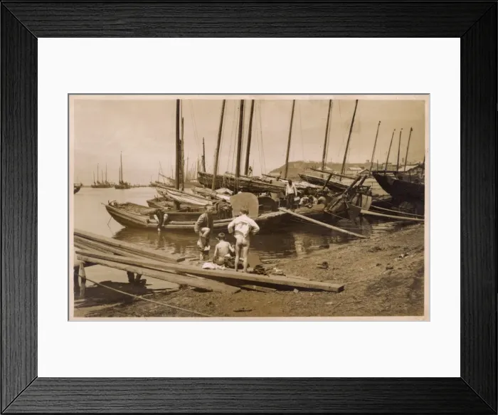 Framed Print : Japanese dockside scene - with young bathers Framed Print : Japanese dockside scene - with young bathers