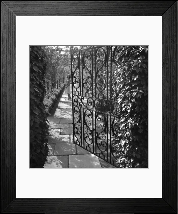Framed Print : Wrought iron gate in a garden