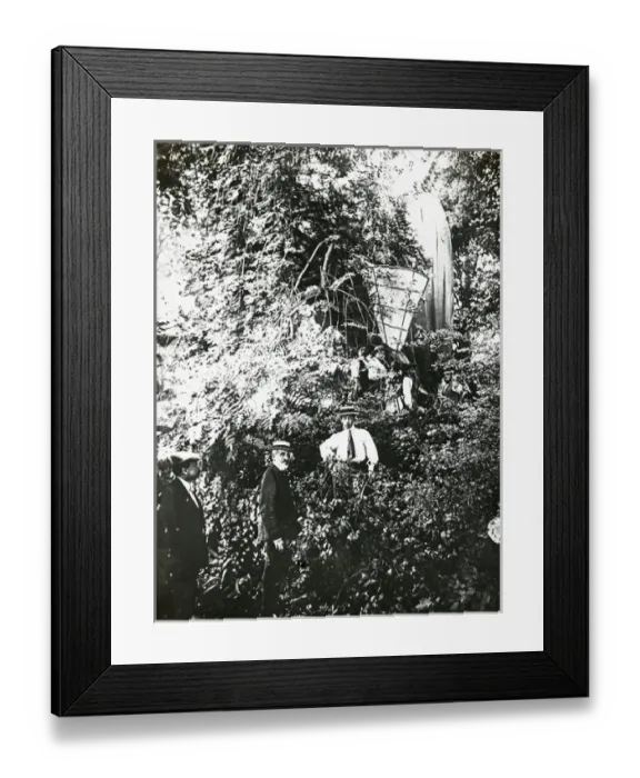 Framed Print : Santos-Dumont with airship wrecked in wood Framed Print : Santos-Dumont with airship wrecked in wood