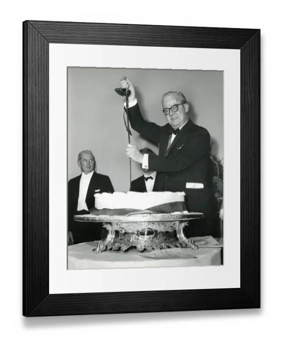 Framed Print : Sir George Gardner, RAeS President 1965-1966, cuts the c? Framed Print : Sir George Gardner, RAeS President 1965-1966, cuts the c?
