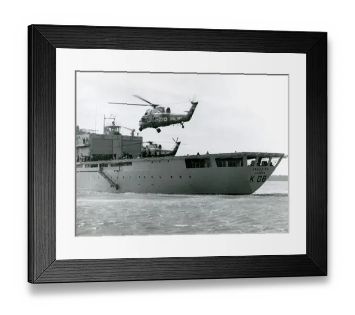 Framed Print : A Westland Wessex HAS3 flies over RFA Engadine (K08) Framed Print : A Westland Wessex HAS3 flies over RFA Engadine (K08)