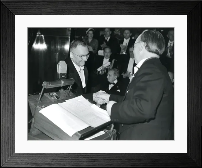 Framed Print : Dr Hugh Dryden, left, is presented with his certificate ? Framed Print : Dr Hugh Dryden, left, is presented with his certificate ?