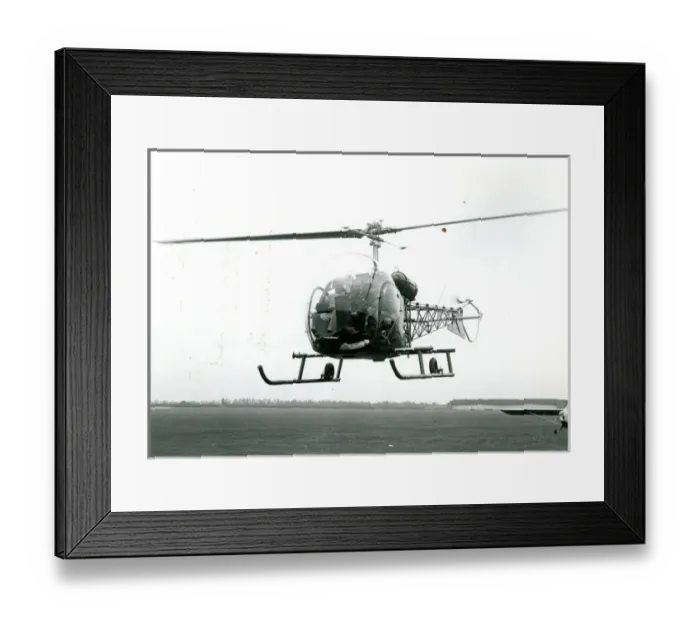 Framed Print : Bell Model 47, G-A??X, departs from the BIF Castle Bromw? Framed Print : Bell Model 47, G-A??X, departs from the BIF Castle Bromw?