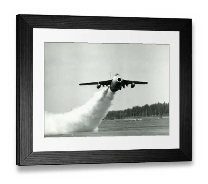 Framed Print : Saab J29A takes-off during tests with the aid of JATO bo? Framed Print : Saab J29A takes-off during tests with the aid of JATO bo?