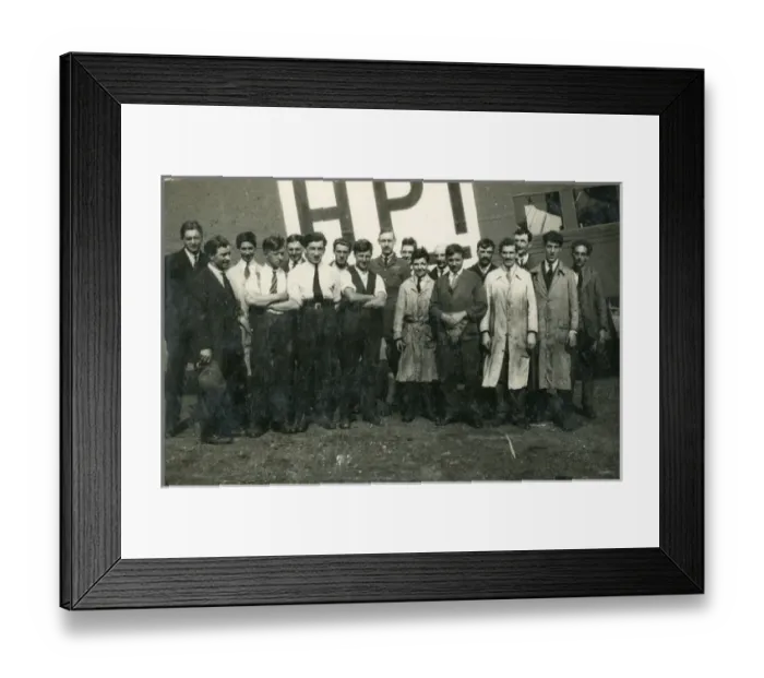 Framed Print : Capt G. T. R. Hill (centre) with a group of mechanics in f? Framed Print : Capt G. T. R. Hill (centre) with a group of mechanics in f?