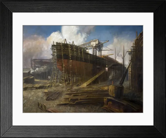 Framed Print : Liner on Stocks Central Panel of Triptych shipbuilding in Framed Print : Liner on Stocks Central Panel of Triptych shipbuilding in