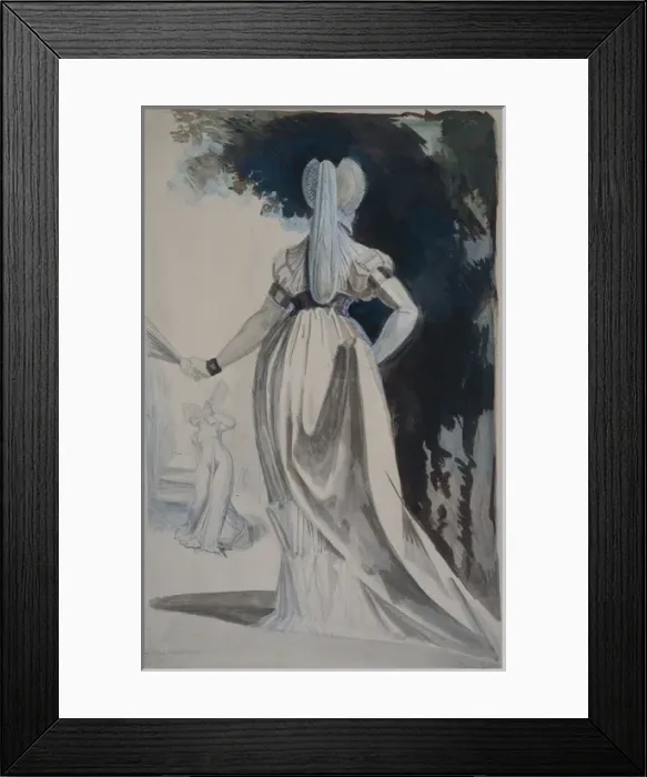 Framed Print : Two Women with Fans Walking in a Garden Framed Print : Two Women with Fans Walking in a Garden