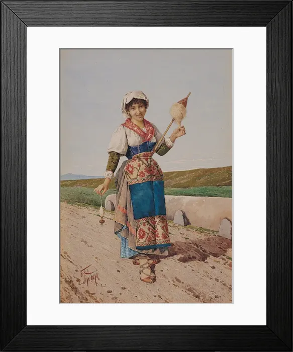 Framed Print : Italian Girl Spinning with Distaff Framed Print : Italian Girl Spinning with Distaff