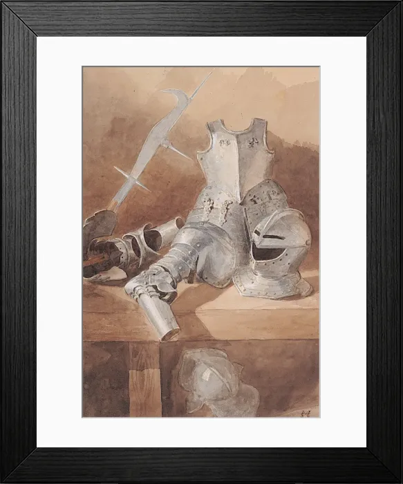 Framed Print : Pieces of Armour on a Bench Framed Print : Pieces of Armour on a Bench