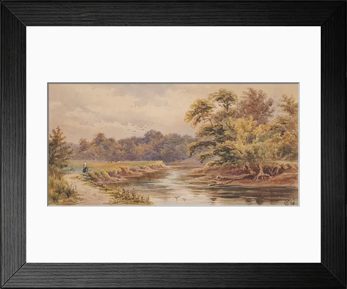 Framed Print : River Scene with Trees and Woman on Towpath Framed Print : River Scene with Trees and Woman on Towpath