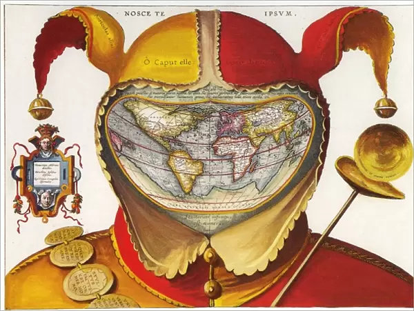 16th century red and yellow Jesters Cap costume map of the world
