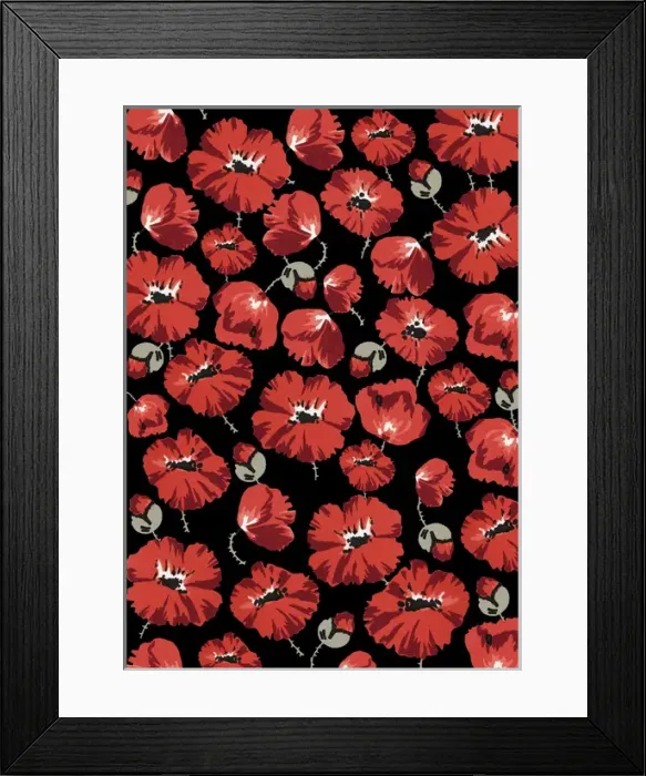 Framed Print : Repeating Pattern - Poppies - Black background Framed Print : Repeating Pattern - Poppies - Black background