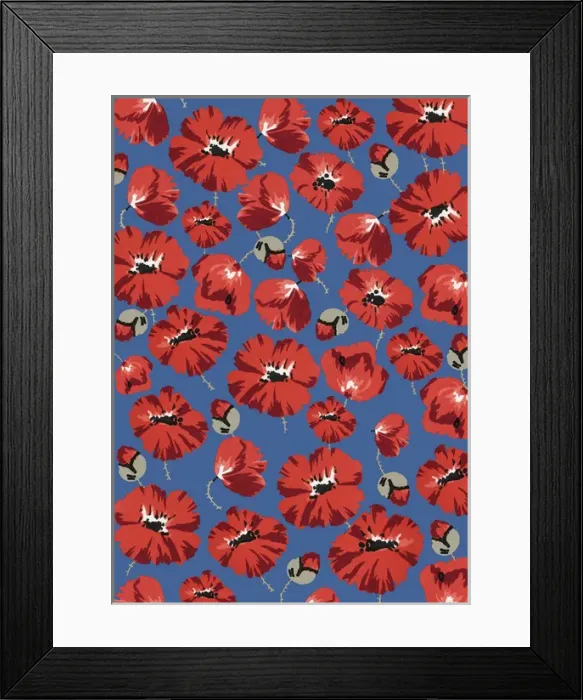 Framed Print : Repeating Pattern - Poppies - Blue background Framed Print : Repeating Pattern - Poppies - Blue background