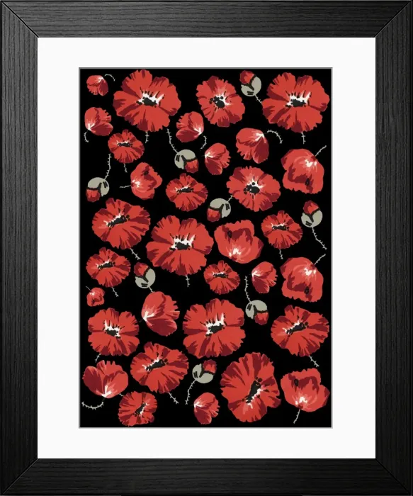 Framed Print : Repeating Pattern - Poppies - Black background