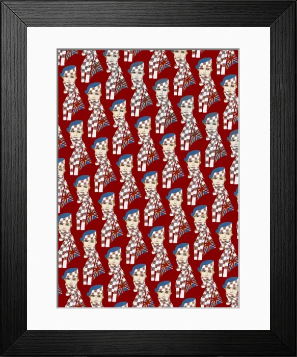 Framed Print : Repeating Pattern - Girl in Union Jack Flag Scarf, blue Framed Print : Repeating Pattern - Girl in Union Jack Flag Scarf, blue