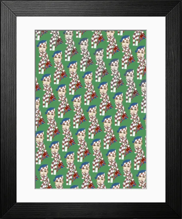 Framed Print : Repeating Pattern - Girl in Union Jack Flag Scarf, green Framed Print : Repeating Pattern - Girl in Union Jack Flag Scarf, green