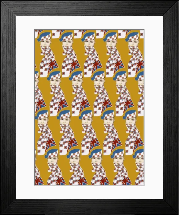 Framed Print : Repeating Pattern - Girl in Union Jack Flag Scarf, yellow Framed Print : Repeating Pattern - Girl in Union Jack Flag Scarf, yellow