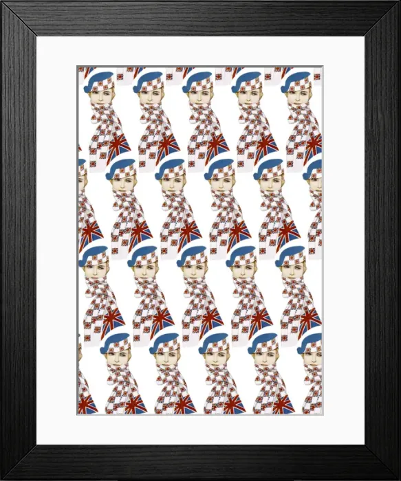 Framed Print : Repeating Pattern - Girl in Union Jack Flag Scarf, white Framed Print : Repeating Pattern - Girl in Union Jack Flag Scarf, white