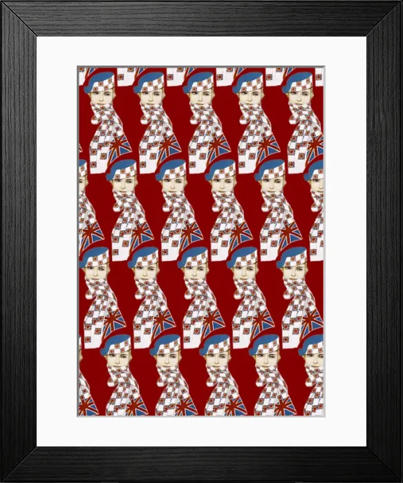 Framed Print : Repeating Pattern - Girl in Union Jack Flag Scarf, blue Framed Print : Repeating Pattern - Girl in Union Jack Flag Scarf, blue