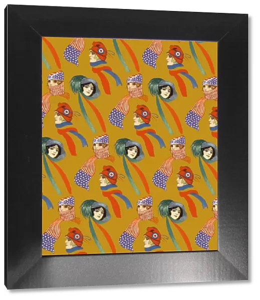 Repeating Pattern - three women in scarves and hats, yellow