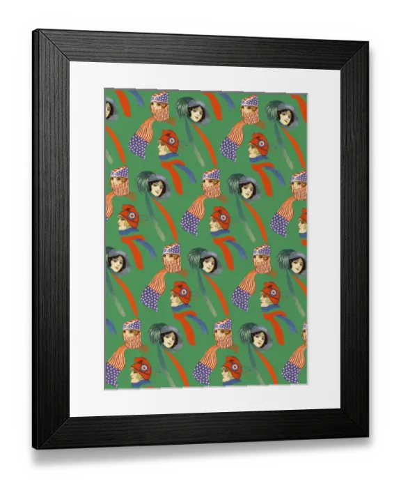 Framed Print : Repeating Pattern - three women in scarves and hats, green Framed Print : Repeating Pattern - three women in scarves and hats, green