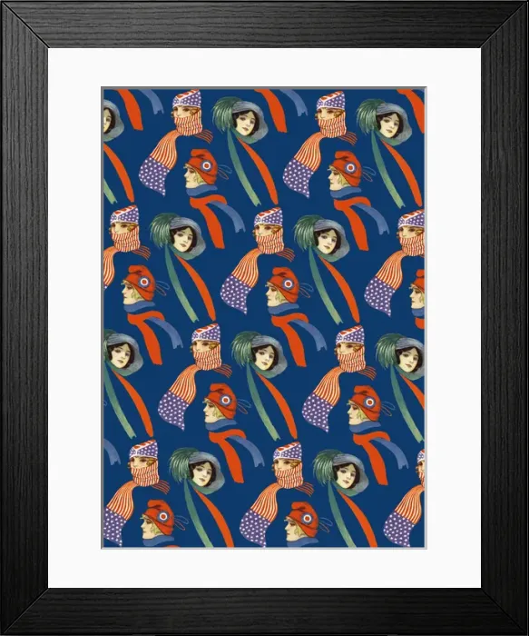Framed Print : Repeating Pattern - three women in scarves and hats, blue Framed Print : Repeating Pattern - three women in scarves and hats, blue