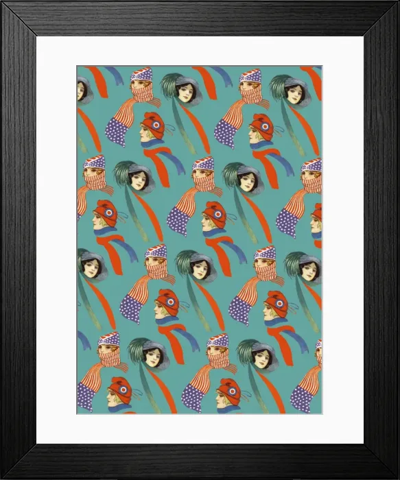 Framed Print : Repeating Pattern - three women, scarves and hats, turquoise Framed Print : Repeating Pattern - three women, scarves and hats, turquoise