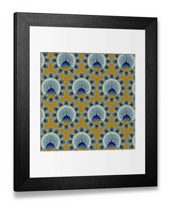 Framed Print : Repeating Pattern - peacocks, yellow Framed Print : Repeating Pattern - peacocks, yellow