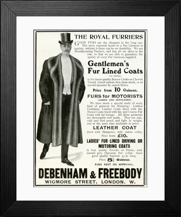 Framed Print : Advert for Debenham & Freebody mens fur lined coats 1905 Framed Print : Advert for Debenham & Freebody mens fur lined coats 1905